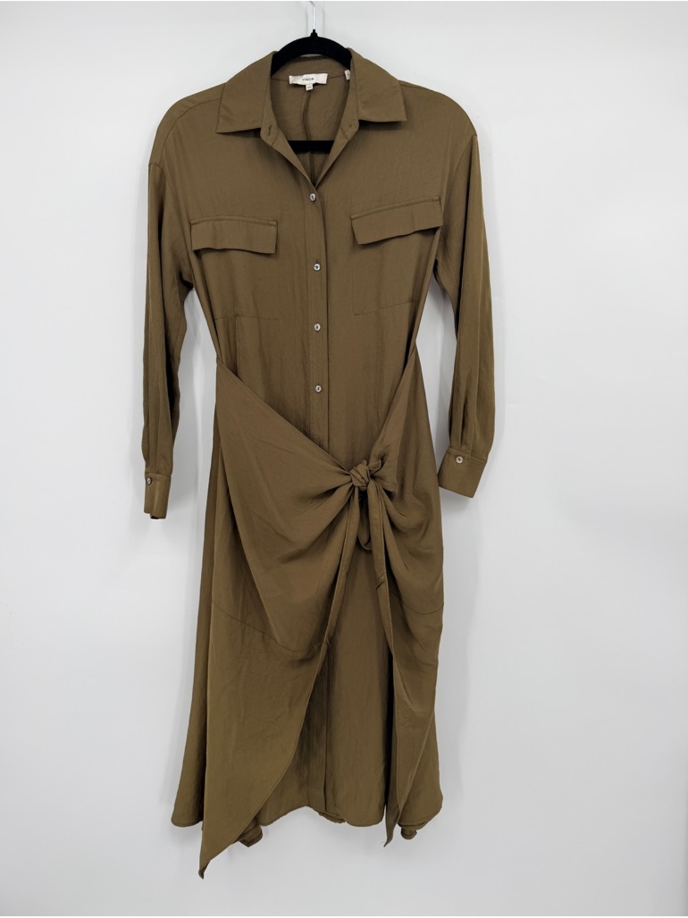 Vince Wrap Shirt Dress Olive Taupe Tie Waist Minimalist Luxury XXS - Picture 4 of 7